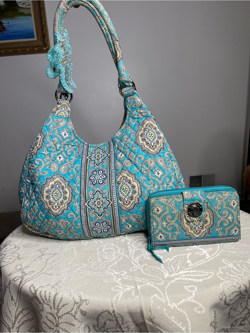 VTG Vera Bradley Totally Turquoise Quilted Hobo Shoulder Bag & Wallet Set